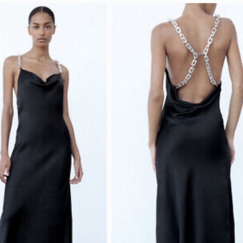 Zara Black Satin Dress with Chain Straps